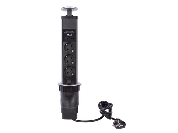 Pop-up stekkerblok met 3 stopcontacten 2 x usb schuko - Velleman
