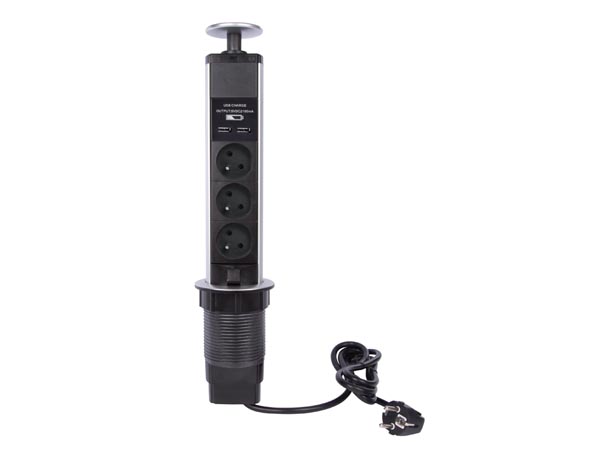 Pop-up stekkerblok met 3 stopcontacten 2 x usb penaarde - Velleman