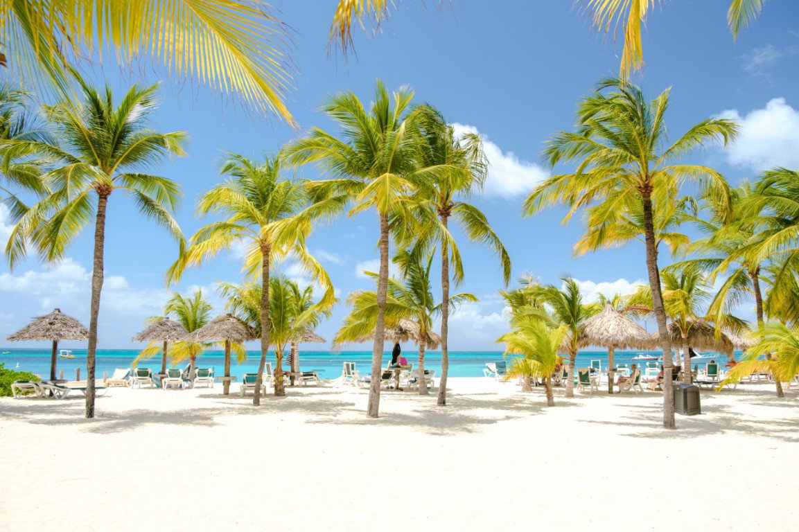 Palmenstrand met parasols 130x70 cm tuinposter banner VGDesign - Vgdesign
