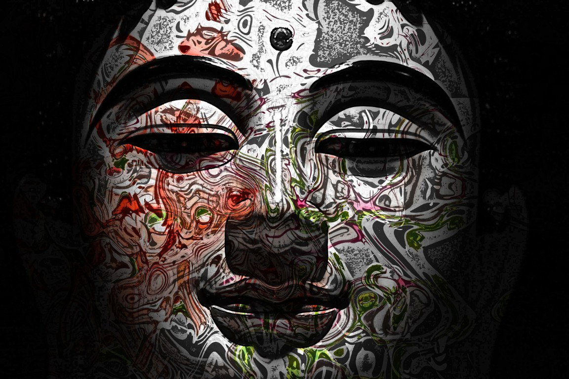Kleurrijk Boeddha masker 130x70 cm tuinposter banner VGDesign - Vgdesign