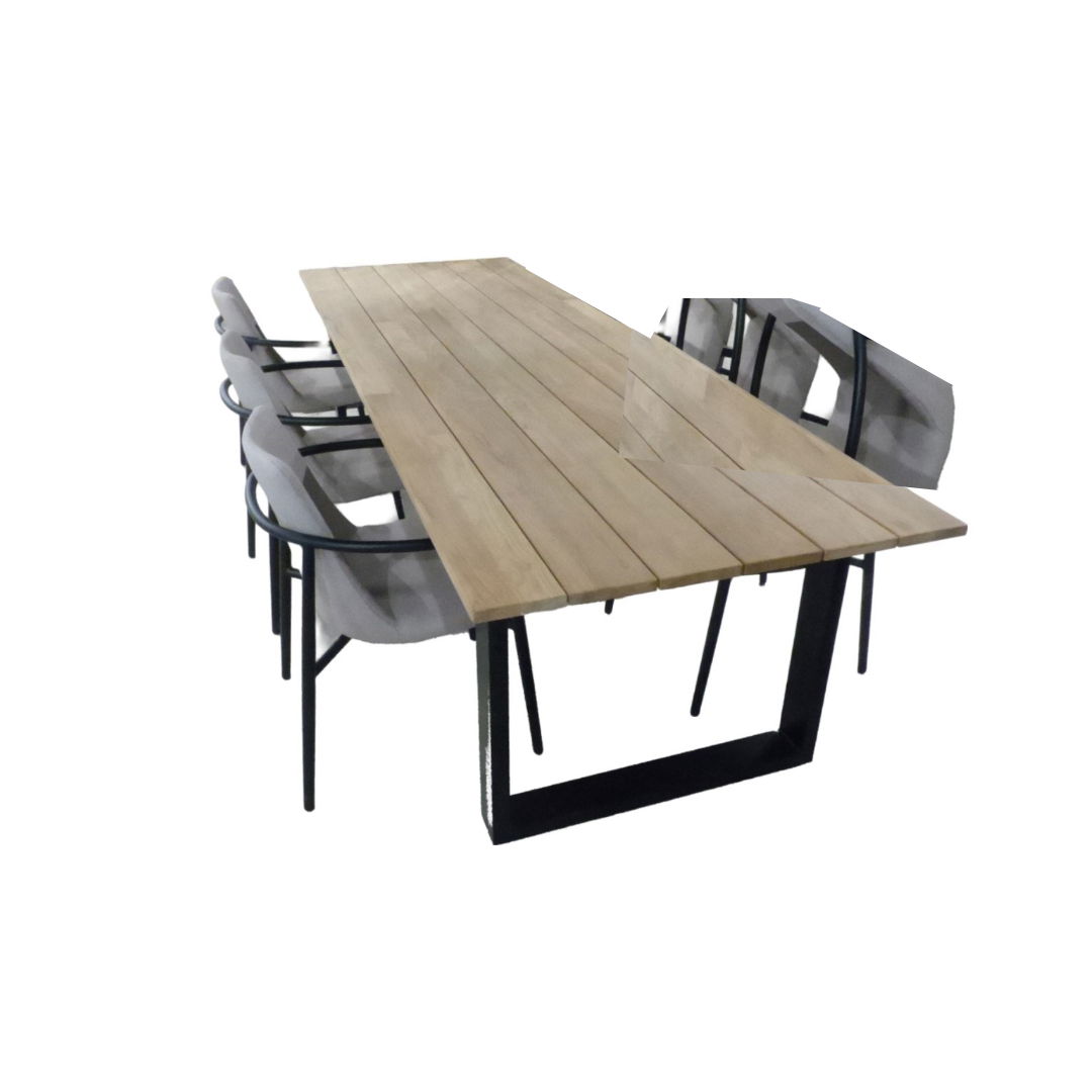 Tuinset Kaihou tafel black, teak 300x100 cm met 4 stoelen Youkou stoel black, flax beige black, mixed grey Yoi