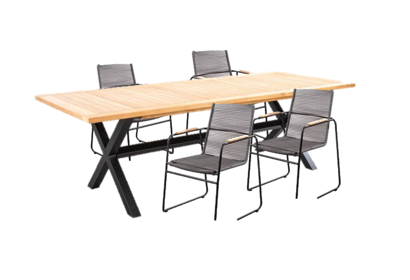 Tuinset Wakai tafel dark grey, teak 236x100 cm met 4 stoelen Wasabi stoel kussen black, rope dark grey - Yoi