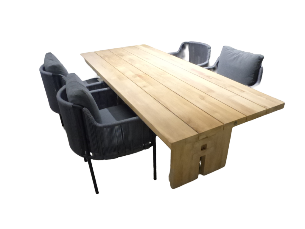 Tuinset Zen tafel teak 240x100 cm met 4 stoelen Umi stoel kussen black, rope dark grey grey, rope green Yoi