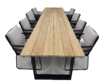 Tuinset Kaihou tafel black, teak 350x100 cm met 4 stoelen Ran stoel kussen black, flax beige - Yoi