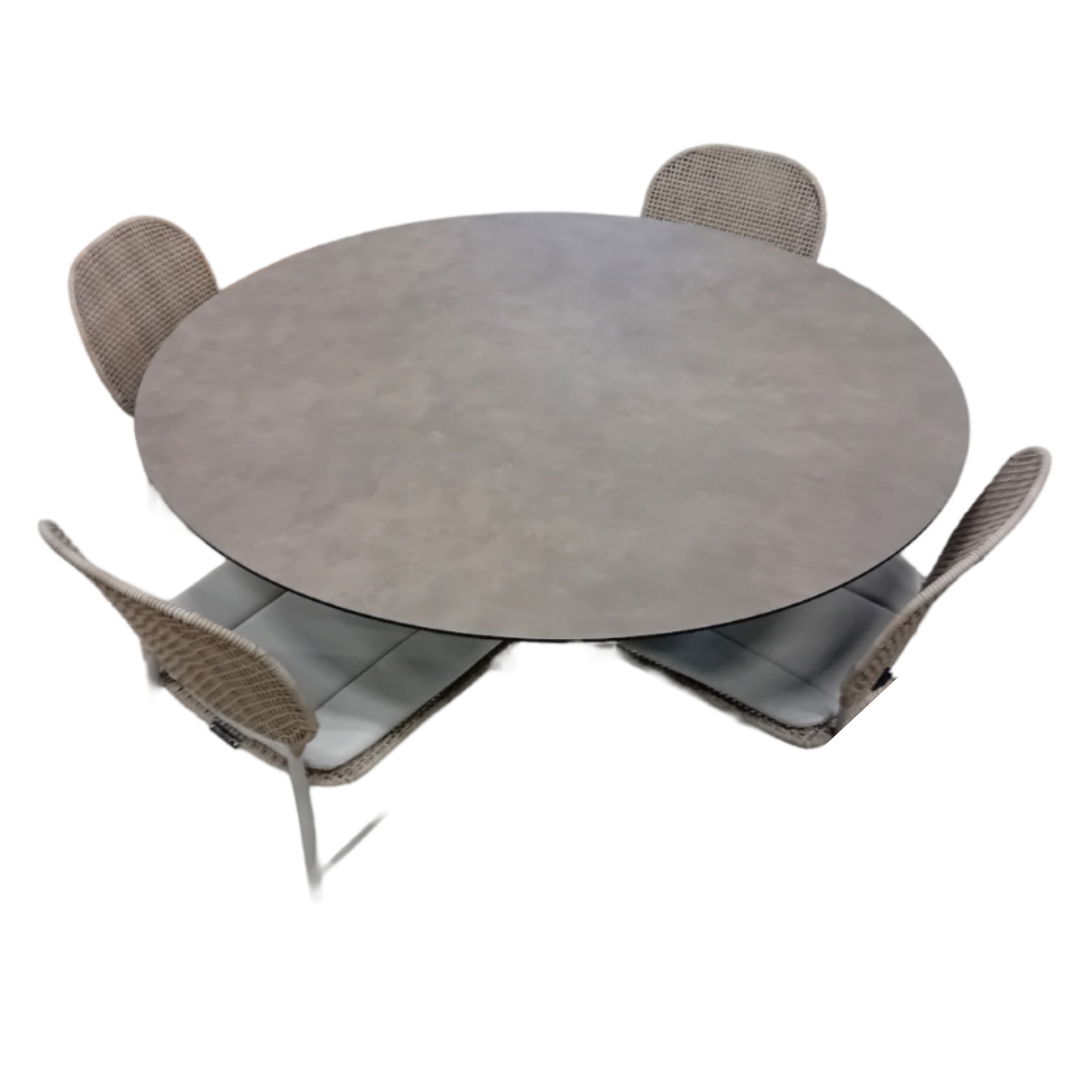 Tuinset Sashimi tafel salix dia. 130 cm met 4 stoelen Ferron stoel linen inclusief light grey kussen Yoi