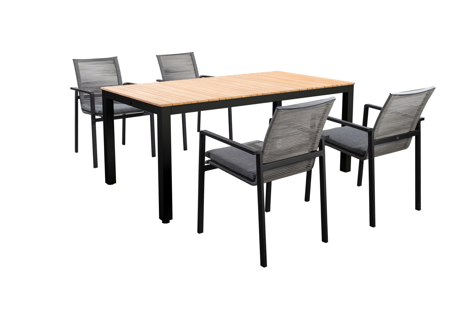 Tuinset Arashi tafel dark grey, teak 169x90 cm met 4 stoelen Vedella stoel dark grey, rope dark grey inclusief kussens - Yoi