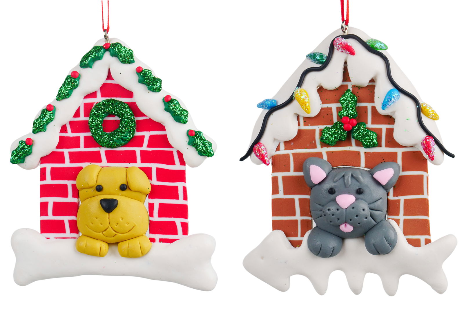4.25 inch -4.375 inch H Clay Dough Cat/ Dog House Orna X 2. 5x5x10 cm kerstornament - Kurt s. Adler