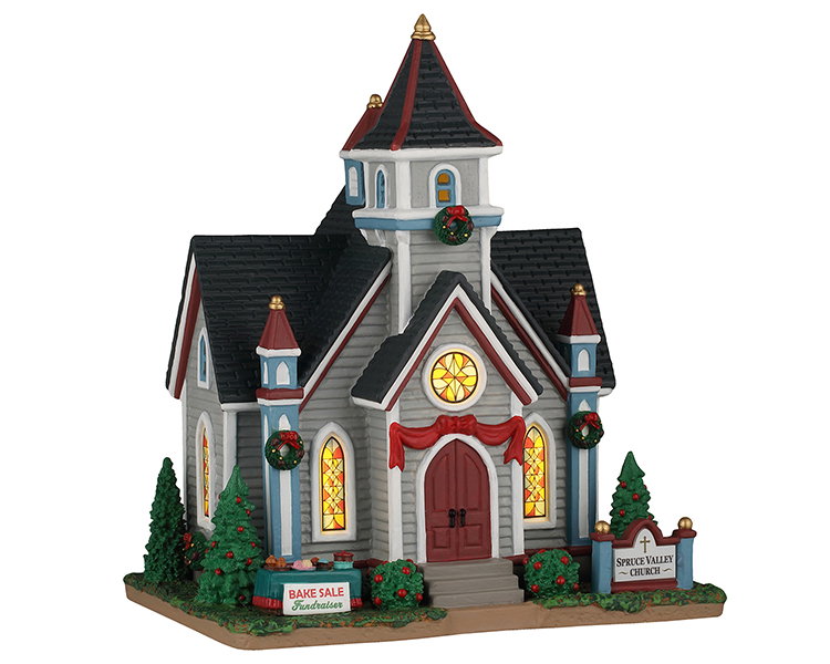 Spruce valley church, incl. adaptor 44338, 100 ma (white) ornament LEMAX - Lemax