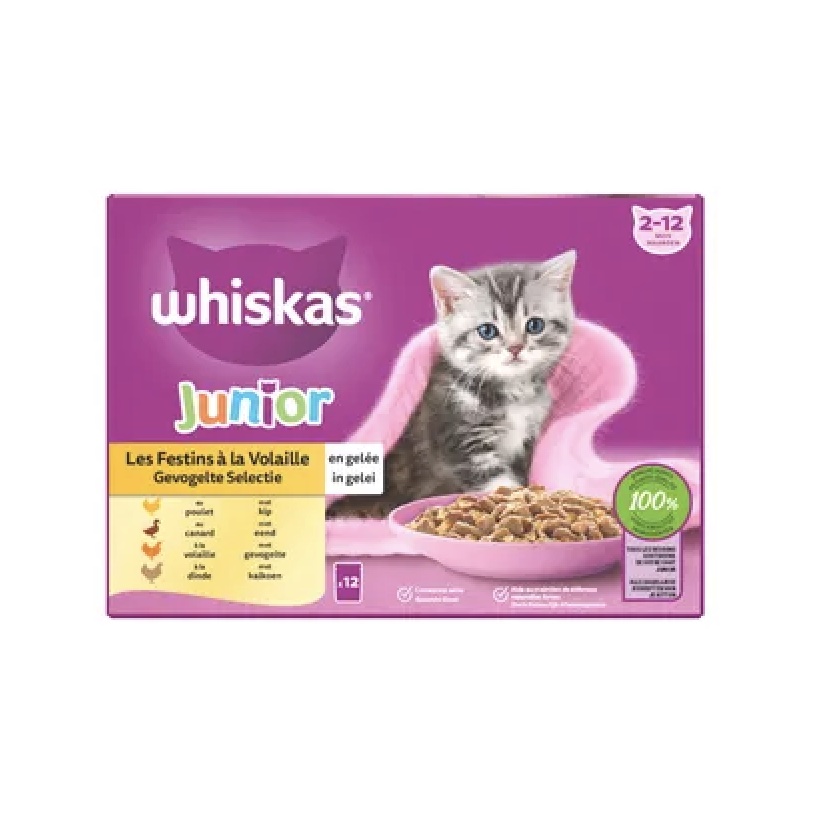 Junior Gevogelte Selectie in gelei maaltijdzakjes multipack 12x85g dierensnack Whiskas