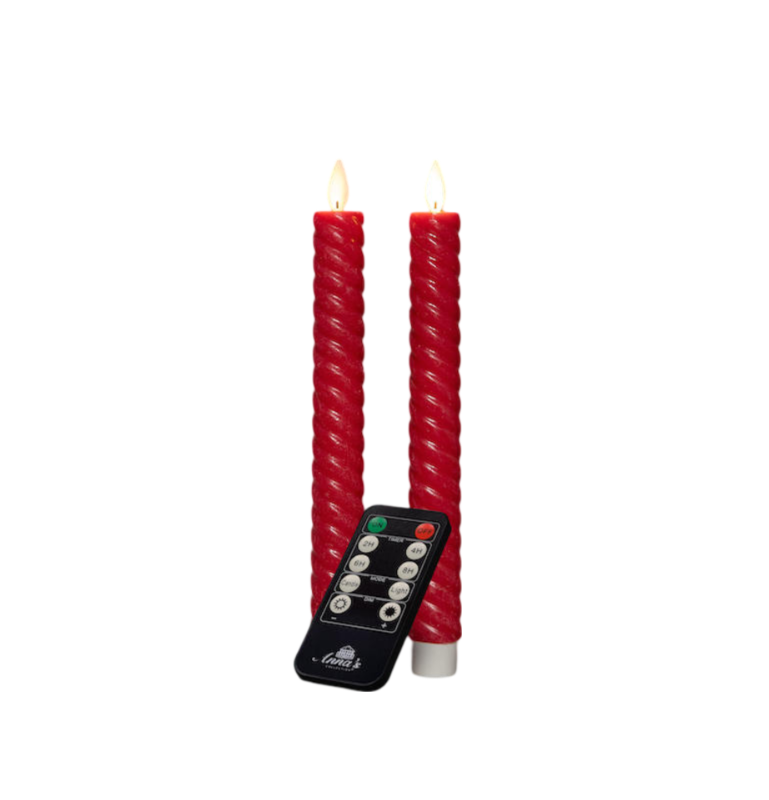 Dinerkaars swirl wax led bewegende vlam met afstandsbediening 2 stuks h23 cm rood - Anna's Collection