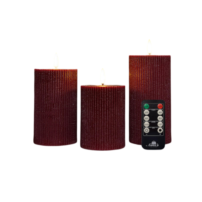 Anna Collection LED stompkaarsen - 3x - bordeaux rood - ribbel