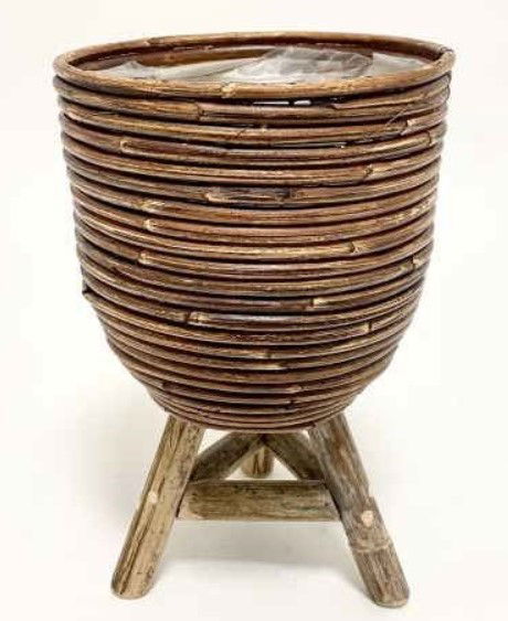 Bloempot Met Houten Poten Rotan Stripe D20H33Cm Brons - Van der Leeden