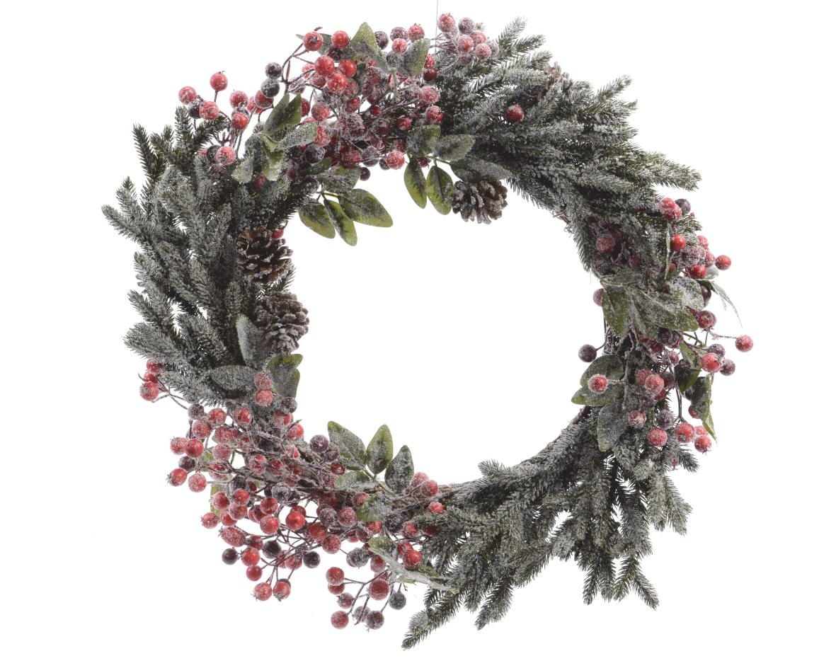 Kerstkrans krans bes sneeuw d40h9 cm groen/rood Everlands - Everlands