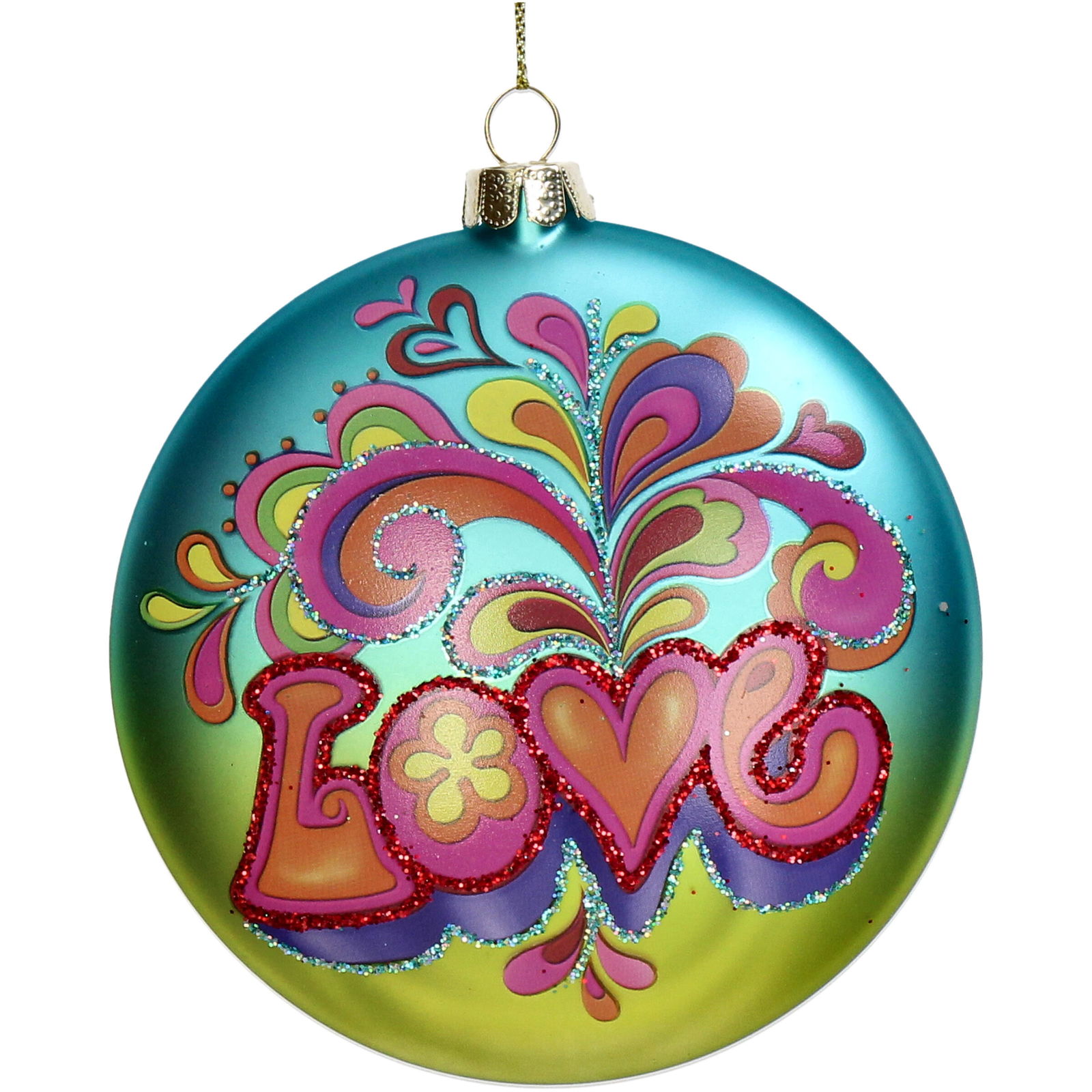 Ornament kerstbal Disc Love Glas Blauw 10.8 cm - HD Collection