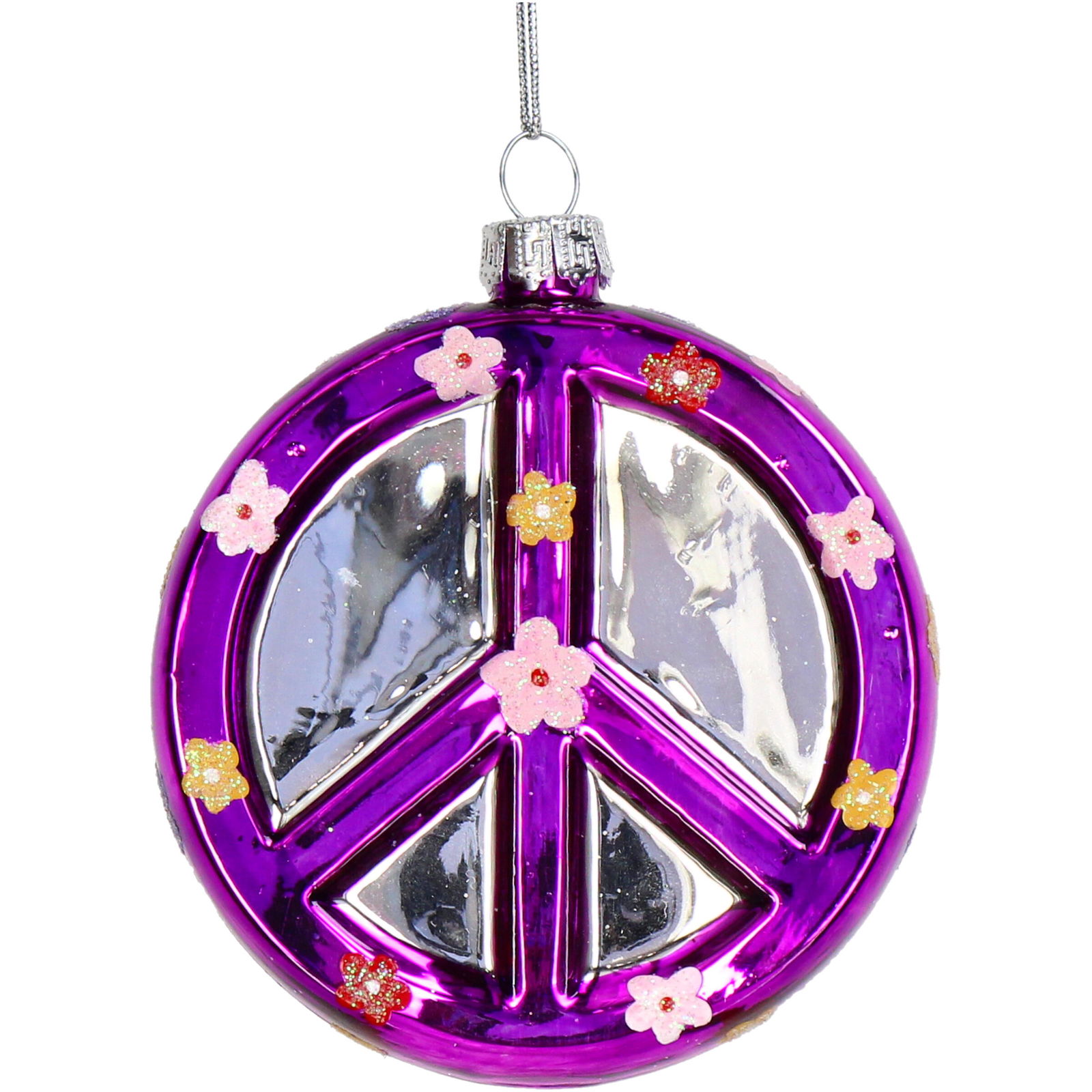 Ornament kerstbal Peace Disk Glas Paars 9.9 cm - HD Collection