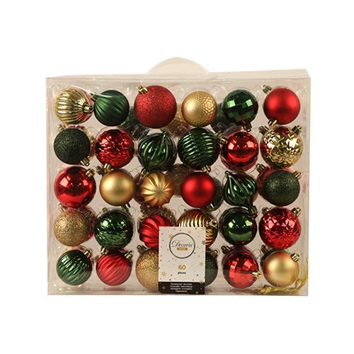 Kerstballen Mix 60 st. - Rood/Groen/Goud - Decoris