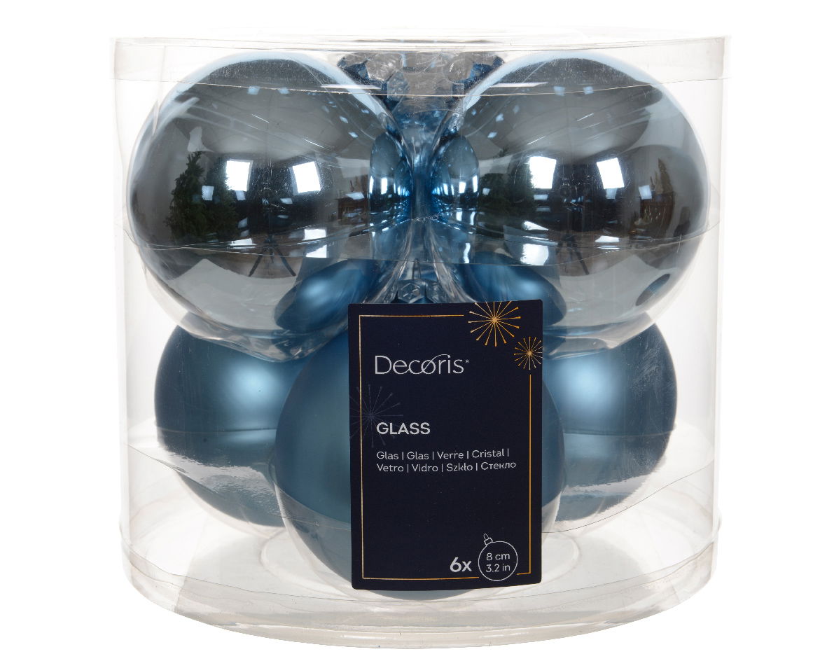 Kerstbal glas d8 cm ijsblauw 6st - Decoris