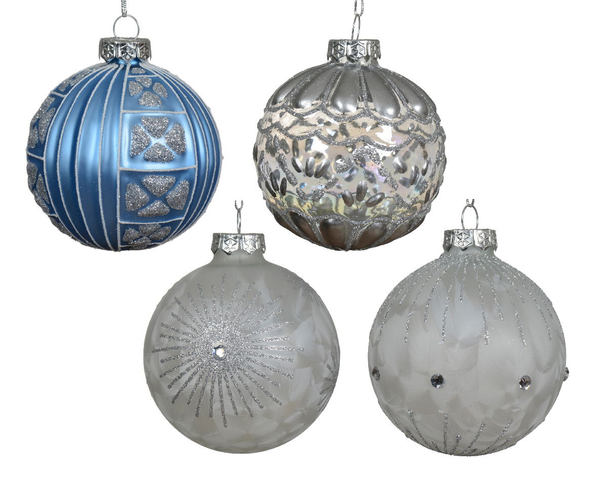 Kerstbal glas d8 cm blauw/wit a4 - Decoris