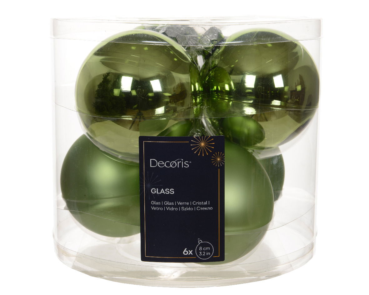 Kerstbal glas d8 cm groene thee 6st - Decoris