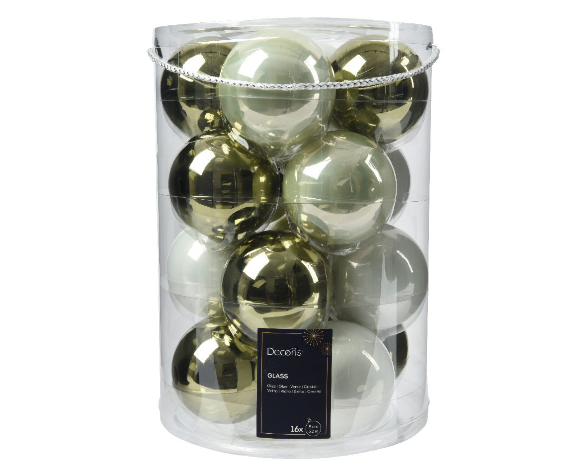 Decoris Kerstbal glas d8 cm groen/wit 16st - 