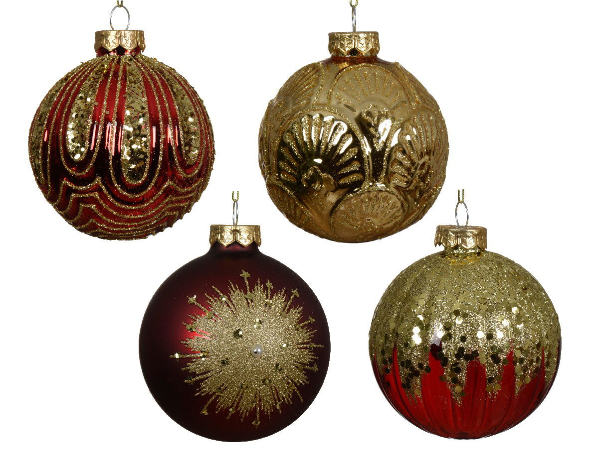 Kerstbal glas d8 cm rood/goud a4 - Decoris