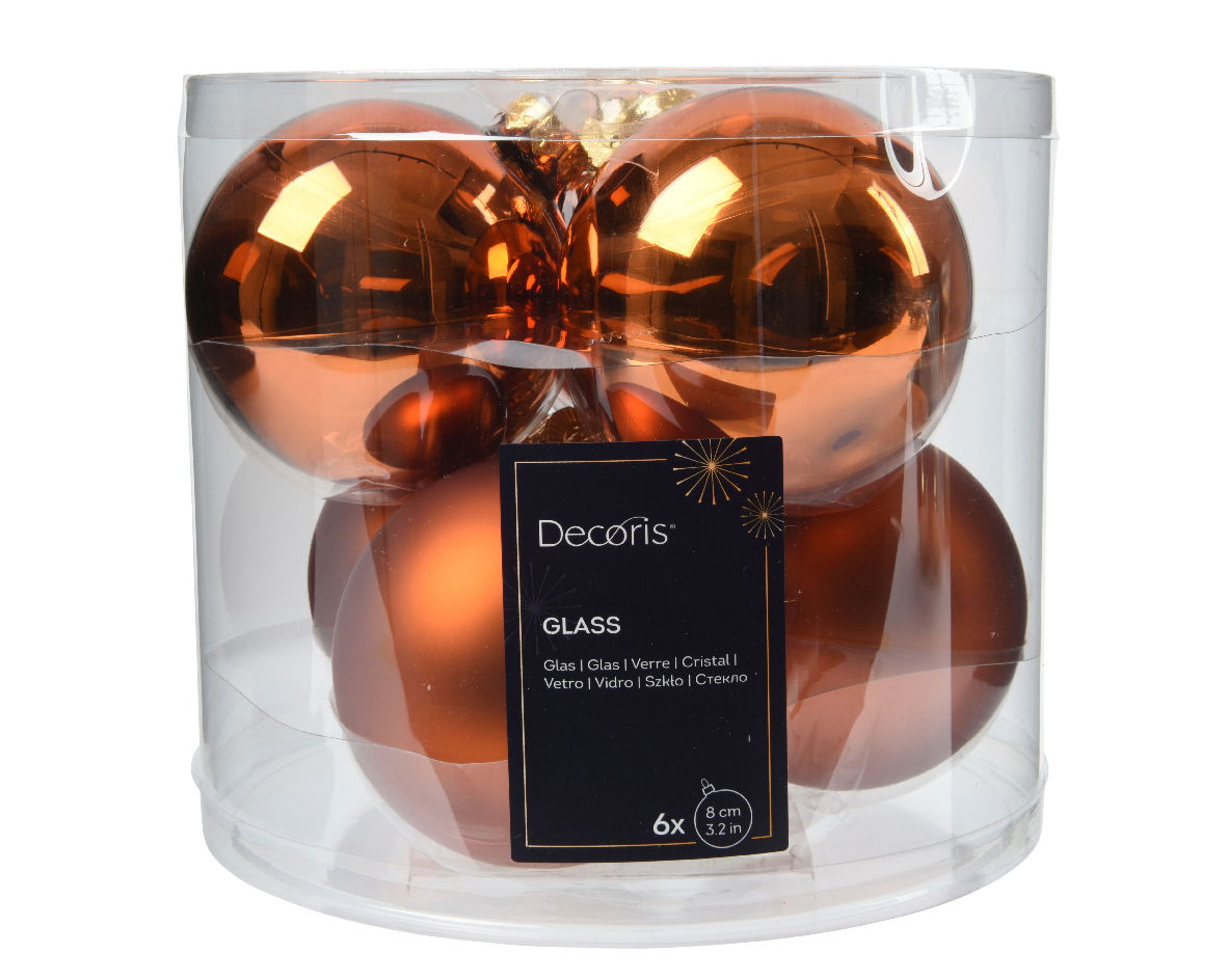 Kerstbal glas d8 cm warme cider 6st - Decoris