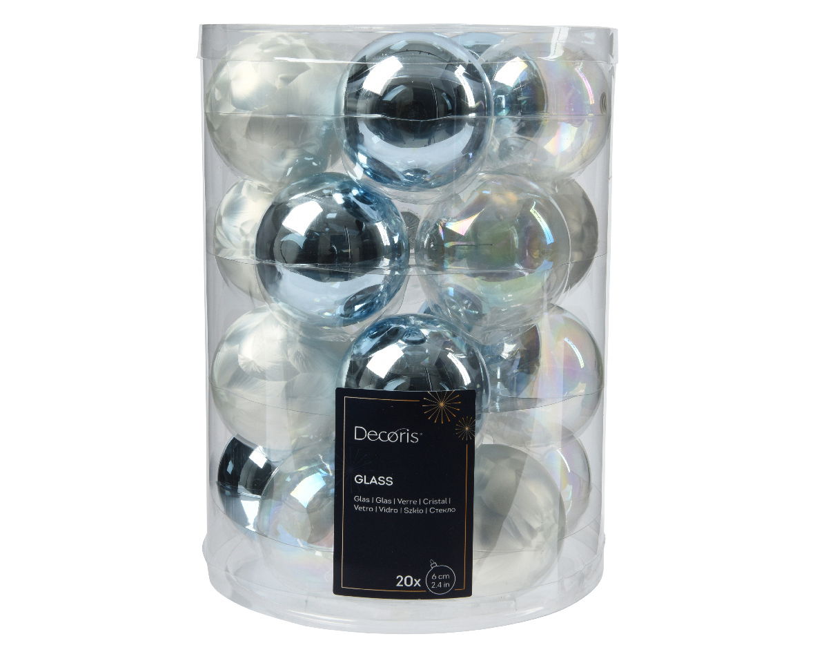 Kerstbal glas d6 cm blauw/wit 20st - Decoris