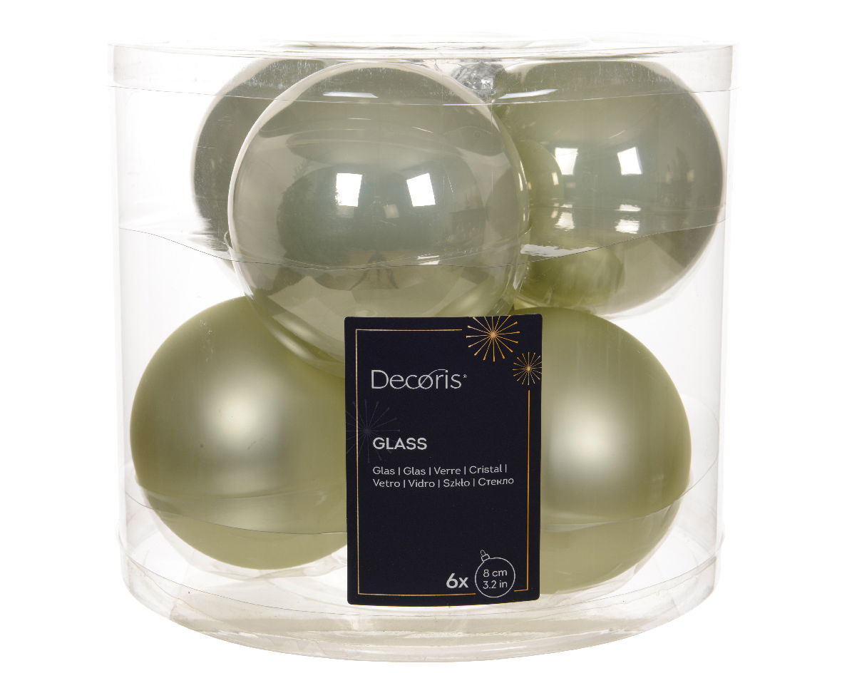 Kerstbal glas d8 cm wit mint 6st - Decoris