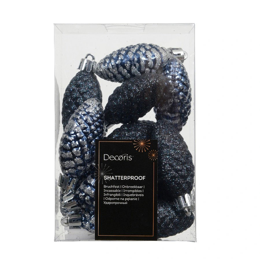 Decoris Dennenappel kunststof L9b5h14 cm blauw 12 st Shatterproof  - 