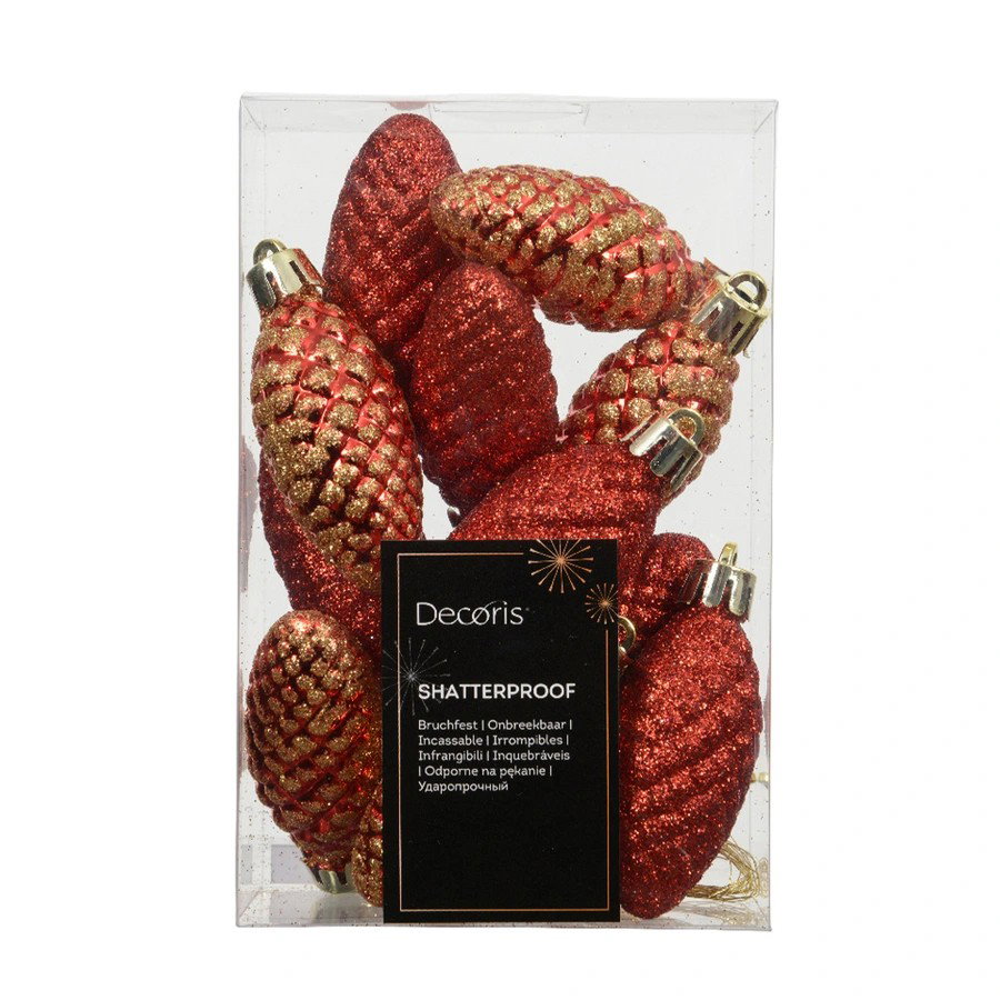 Decoris Dennenappel kunststof L9b5h14 cm rood 12 st Shatterproof  - 