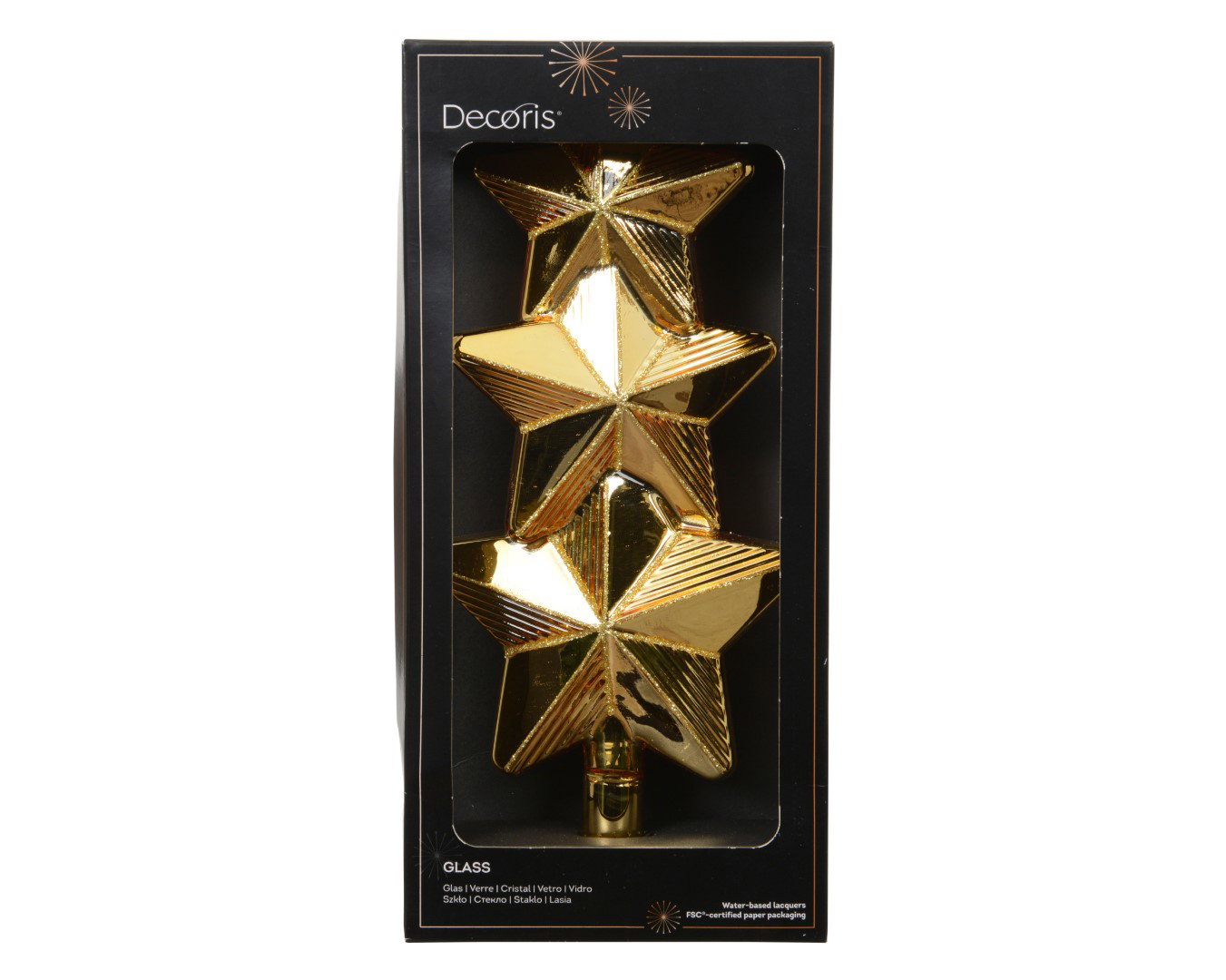 Glazen kerstpiek ster lichtgoud 27 cm met glitterlijnen Decoris - Decoris