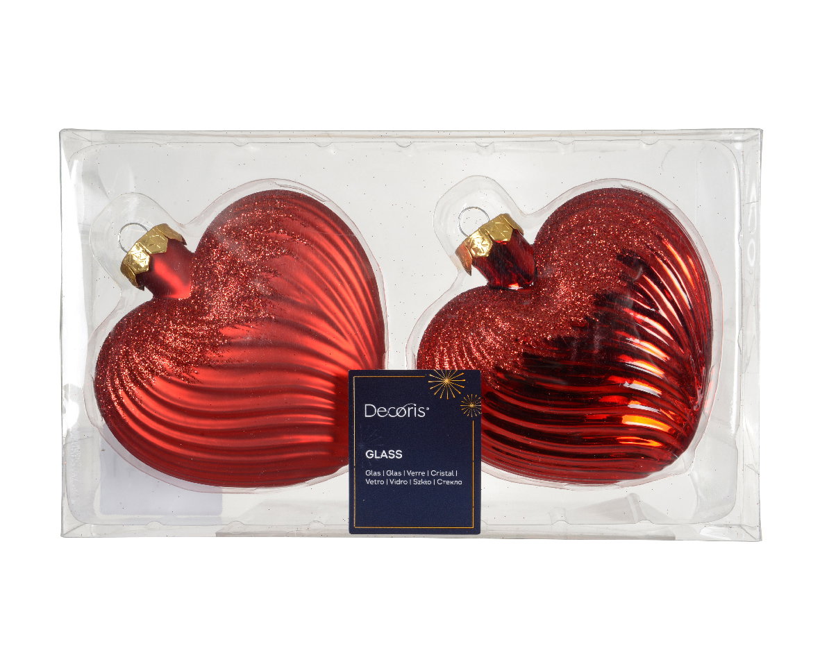 Decoris Hart glas L10b4h9,5 cm kerstrood 2 st  - 