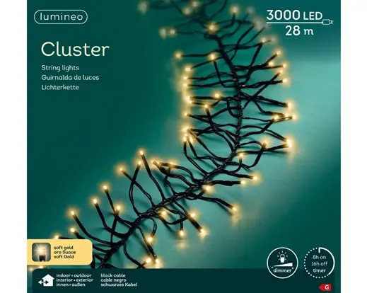Ledcluster 28 meter 3000 LED zwart/soft gold Lumineo - Lumineo