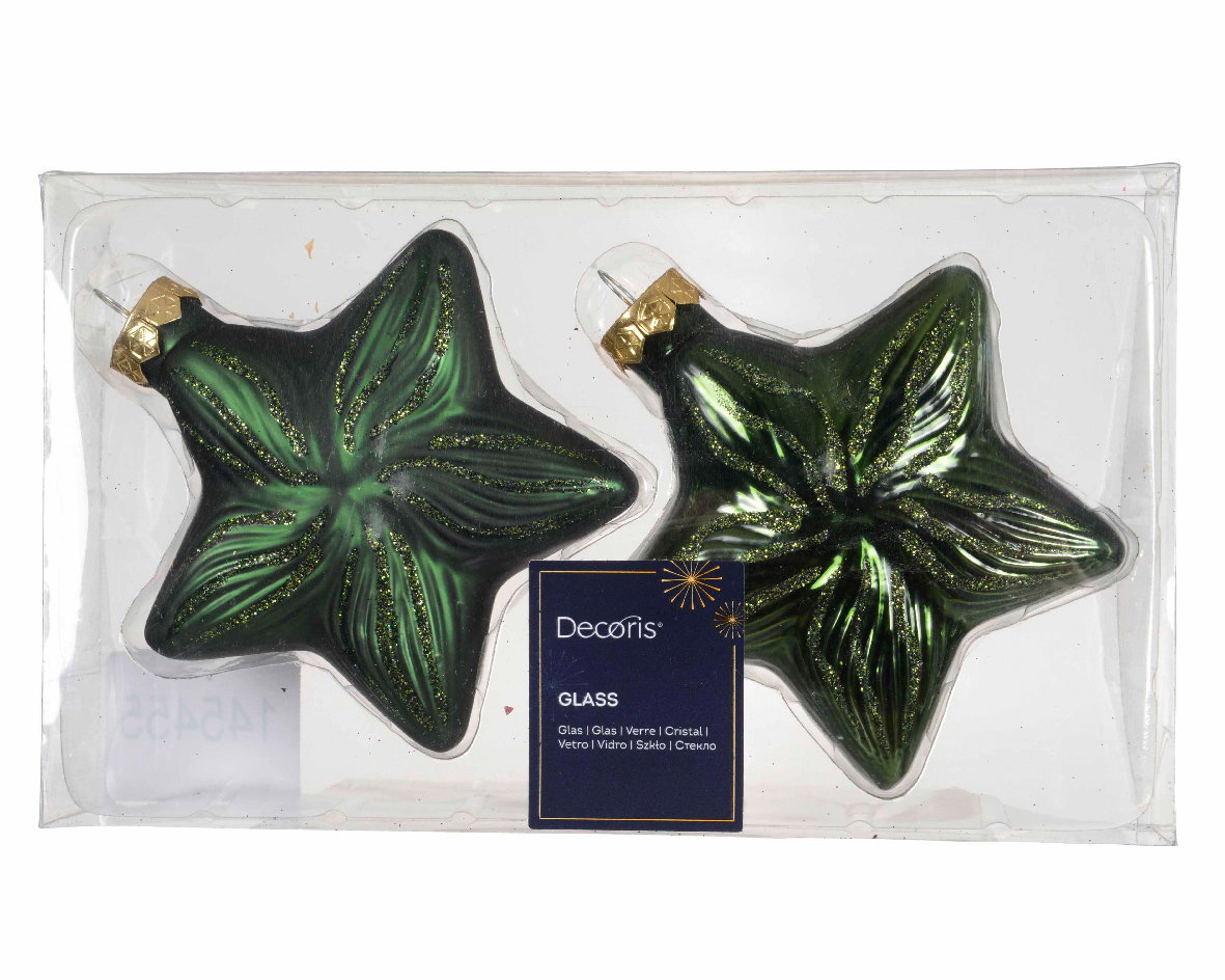 Decoris Ster glas L9,8b4h10 cm dennengroen 2 st  - 