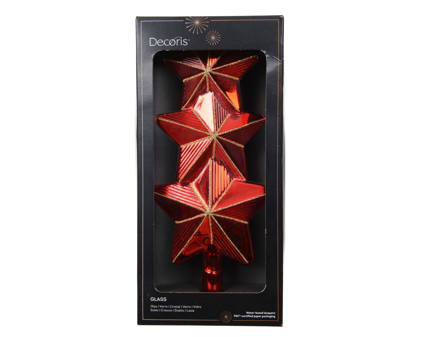 Kerstboompiek ster glas kerstrood met gouden glitterlijnen 27 cm Decoris - Decoris