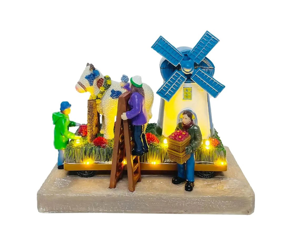 Santaville Flower Parade with Cow at the Mill with LED polyresin 19cm  - 
