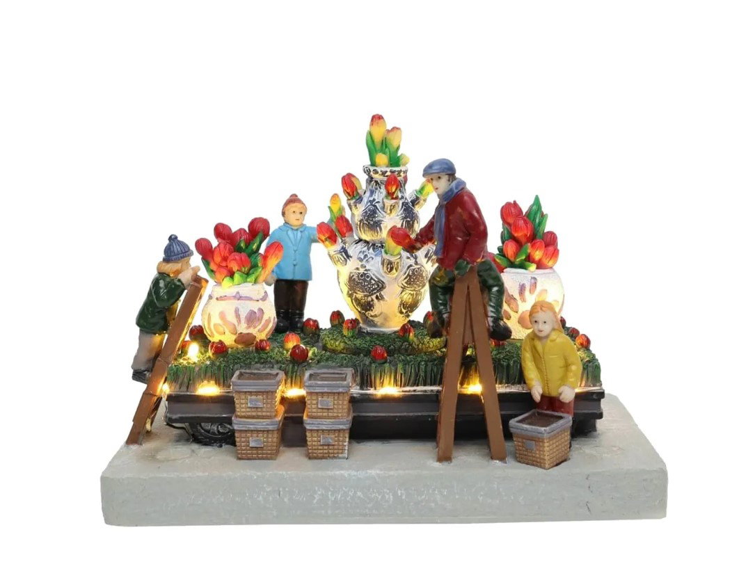 Santaville Flower Parade with Delft Blue Vases with LED polyresin 18cm  - 