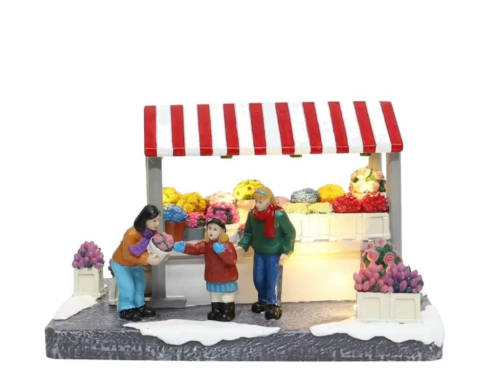 Santaville Market Stall Flowers with Customers with LED Polyresin 19cm  - 