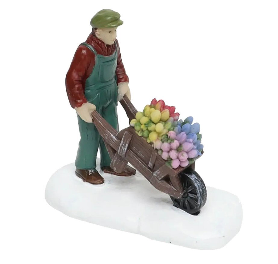 Santaville Man with Tullips in Wheelbarrow Polyresin 8cm  - 
