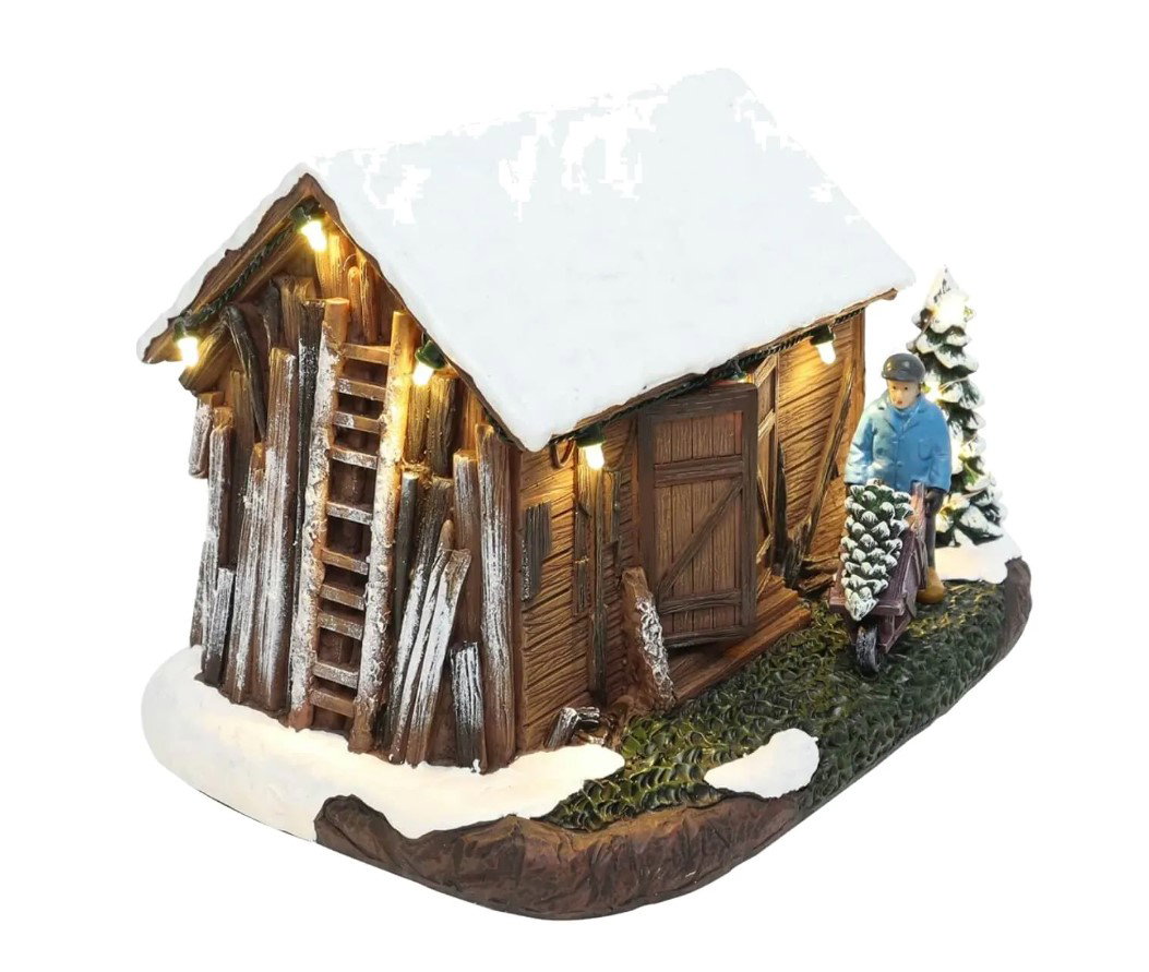 Santaville Old Wooden Shed with Farmer with LED Polyresin 21cm  - 