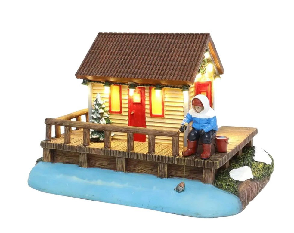 Santaville Lodge with Fisher with LED Polyresin 19cm  - 