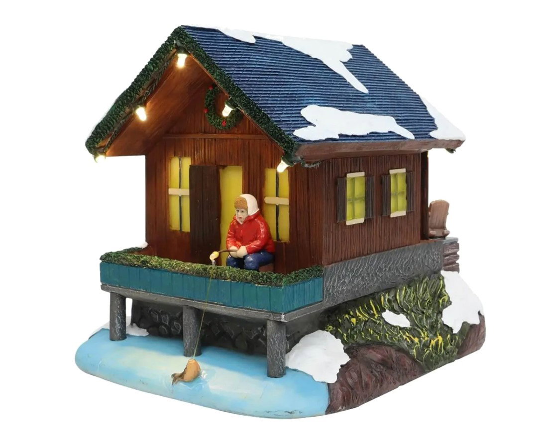 Santaville Chalet with Fisher with LED Polyresin 20cm  - 