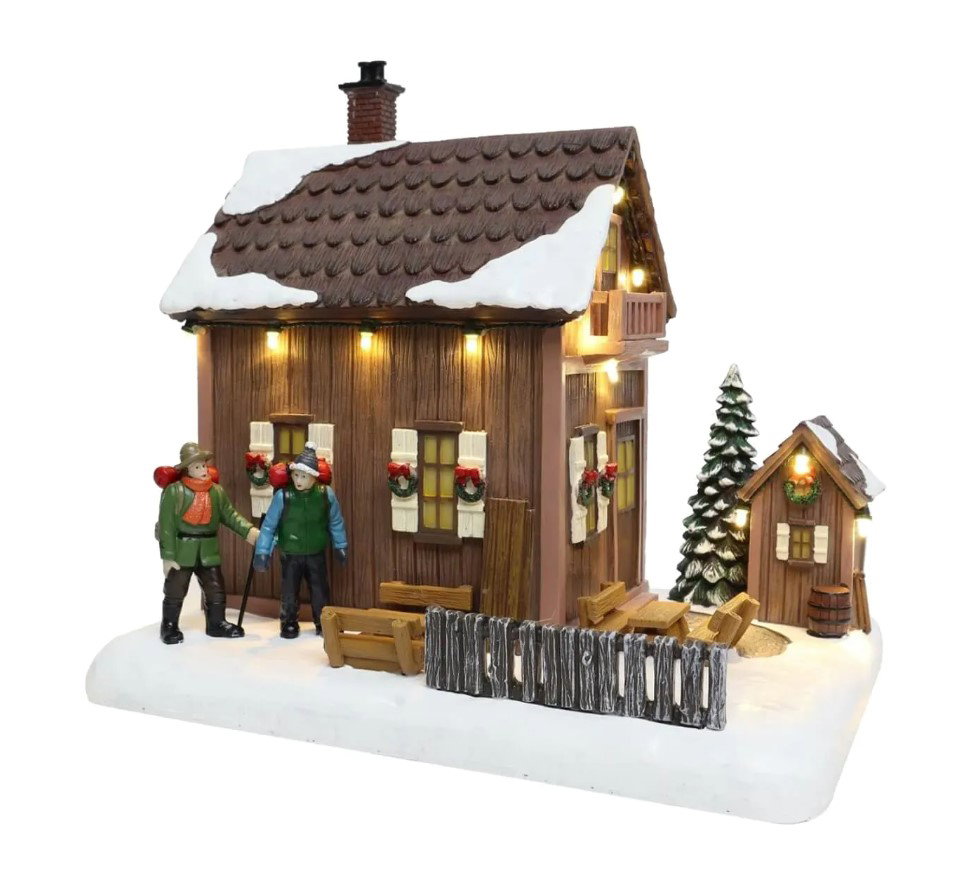 Santaville Wooden Chalet with Hikers with LED Polyresin 25cm  - 