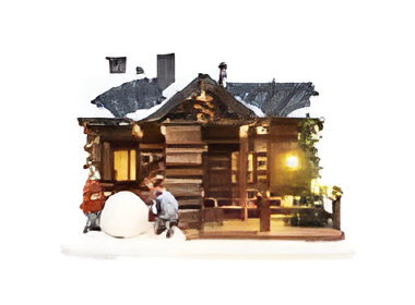 Santaville Wooden Lodge with Childeren with LED Polyresin 24cm  - 