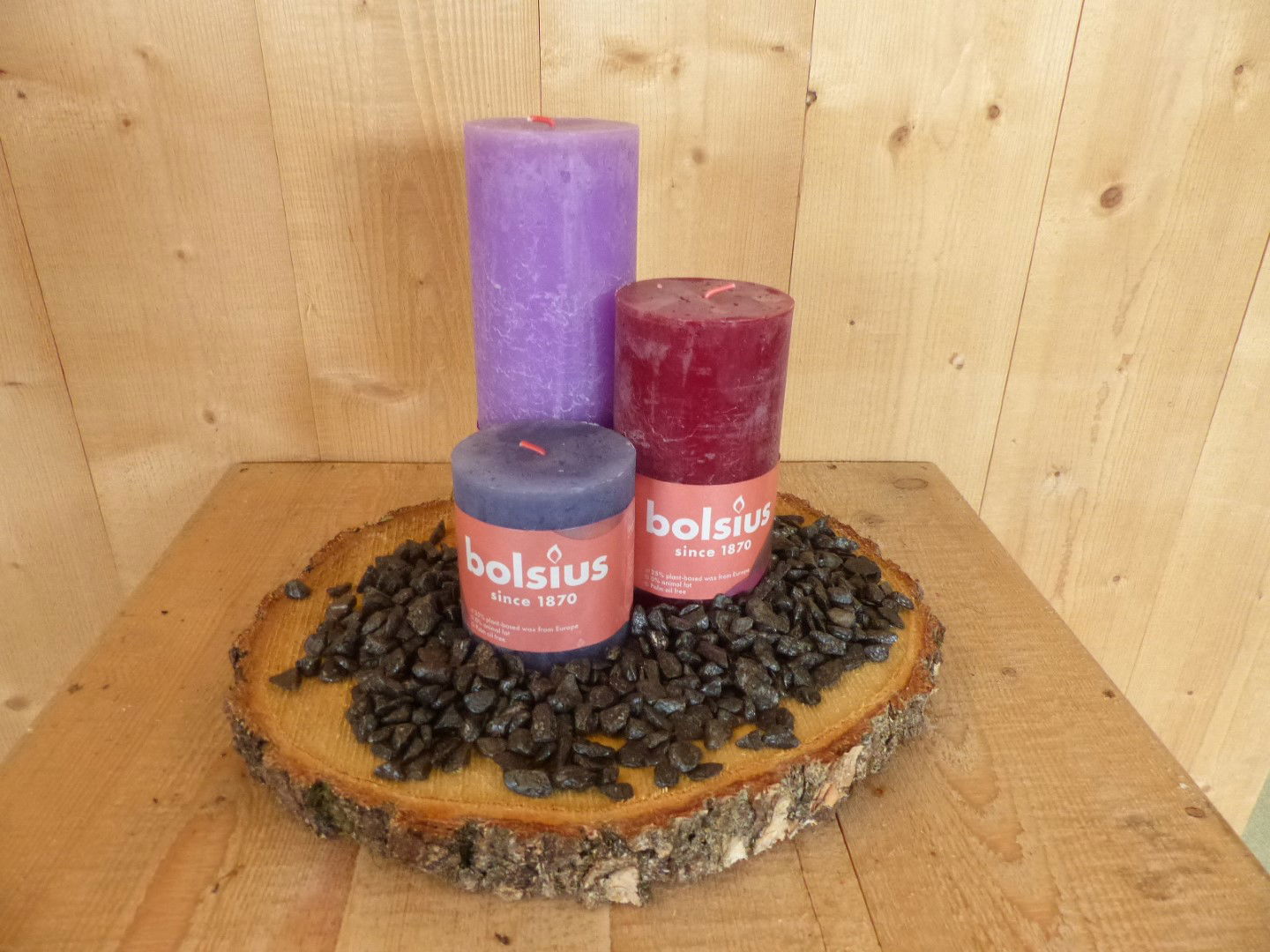 Kaarsen set Bolsius 3 stuk paars, donkergrood en grijs blauw met zwarte steentjes - Warentuin Mix