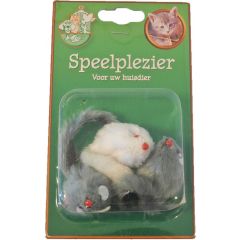 Kattenspeelgoed blisterpak a 3 bontmuis grijs/wit 5 cm Speelplezier-kat Gebr. de Boon