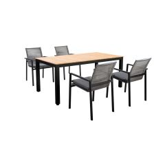 Tuinset Arashi tafel dark grey, teak 169x90 cm met 4 stoelen Vedella stoel dark grey, rope dark grey inclusief kussens Yoi