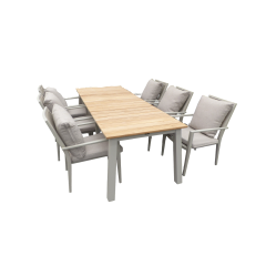Set van Muro tafel salix/teak 236x90x76 cm en 6 Marinha stapelbare stoelen met zit- en rugkussens Yoi