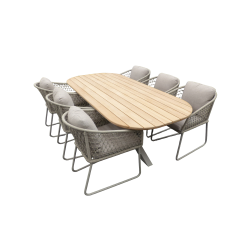 Set Noas dining tafel 220x100x76 cm oval alu salix/teak en 6 Bara dining chairs alu salix/rope salix/flax beige AW Yoi