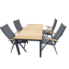Set van Arashi tafel 169x90 cm grijs/teak en 4 Lucca stoelen antraciet/teak Suns